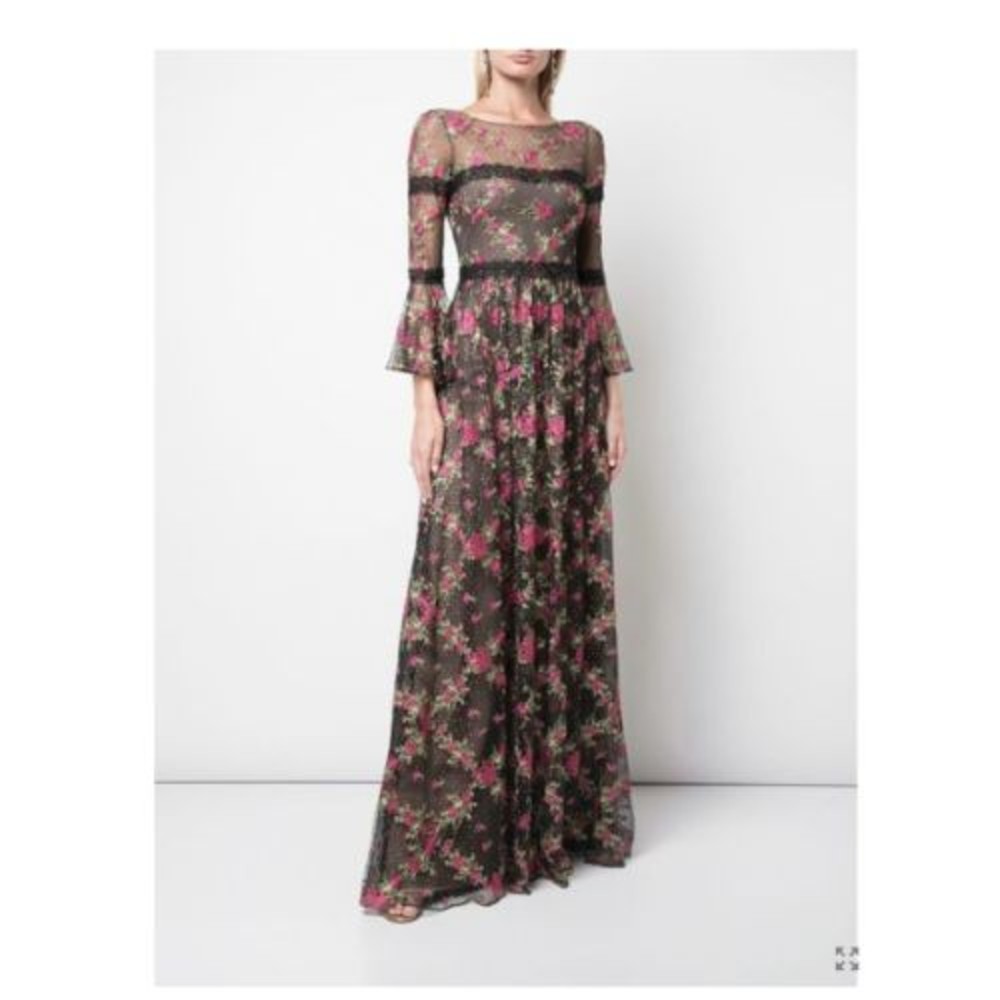 MARCHESA NOTTE Black Floral Embroidered Lace Long Bell Sleeve Romantic Gown 4 US